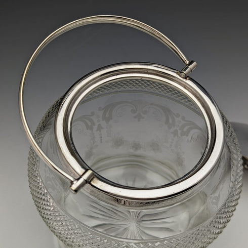 英国ヴィンテージ カットガラス ビスケットバレル シルバープレート蓋 823g